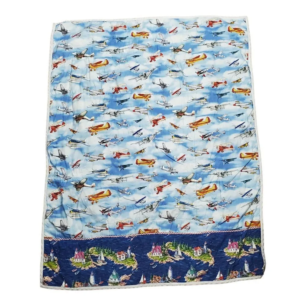 Reversible Baby Blanket Train Airplane Clouds Brown Blue Choo Choo Railroad